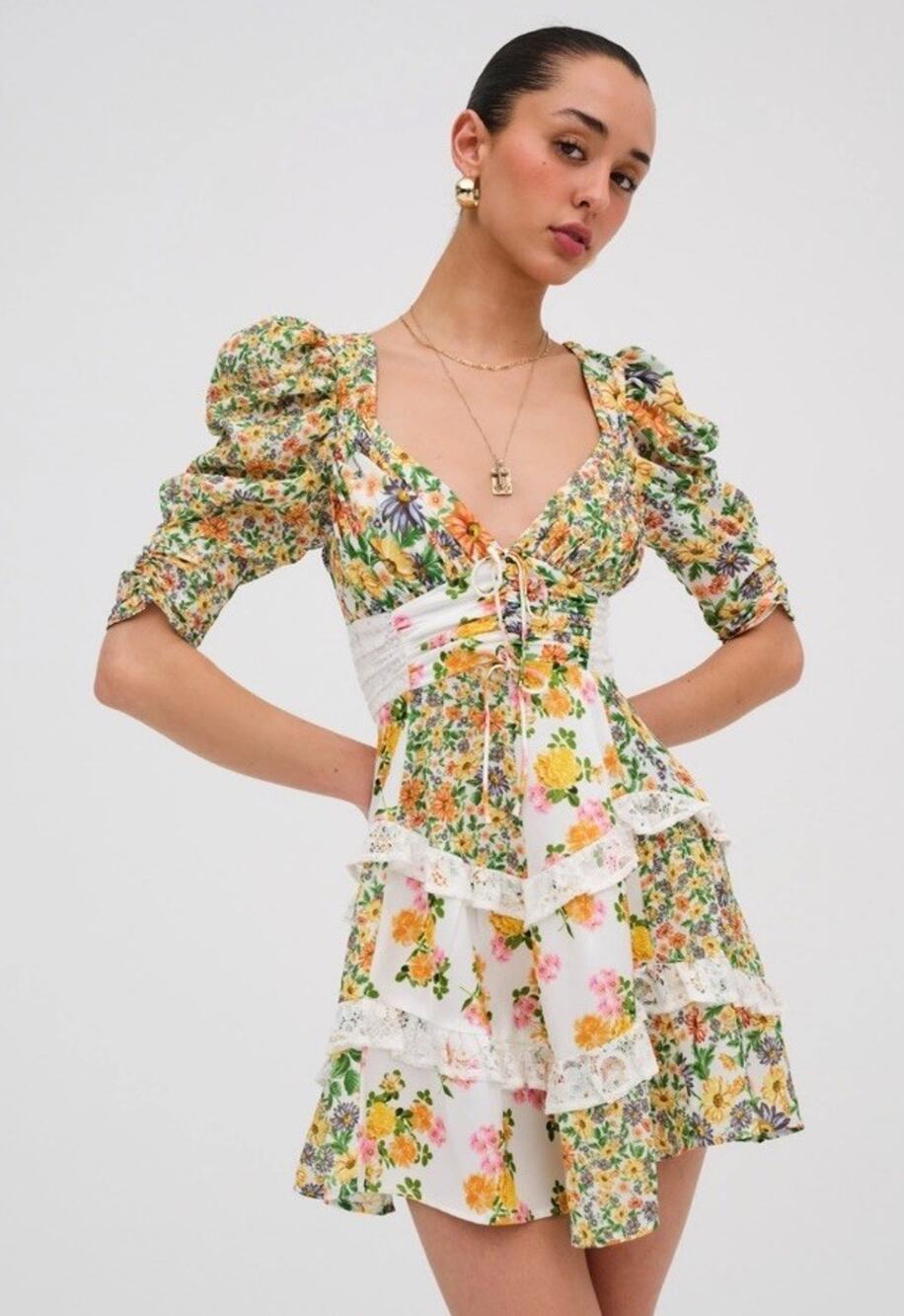 For Love & Lemons Rosalyn Marigold Floral Lace Mini Dress Large